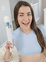 Naked solo tease with wand vibrator, spread pose, trimmed bush, natural tits