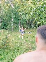 Brunette babe strips hiking, pussy out cowgirl fuck under trees