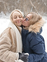 Lesbian tease in snowy cabin with naked women, natural tits, pussy licking