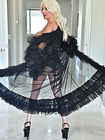 Milf solo tease with big natural tits in sheer corset and feathered robe, raw XXX vibe