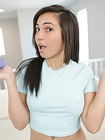 Nude solo toy tease with natural tits and shaved pussy in spread pose