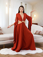 Clothed babe in plunging red dress spread pose and yellow lingerie solo tease