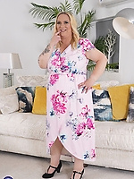 Milf in floral dress lifts skirt to reveal red lace thong and thick juicy booty tease