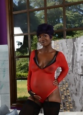 Pregnant chocolate MILF with short hairdo goes naked solo