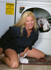 Mature blonde housewife does laundry and gets naked in pics