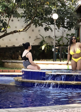 Two hot Brazilian MILFs take hot selfies in swimming suits