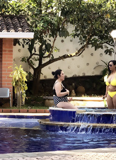 Two hot Brazilian MILFs take hot selfies in swimming suits