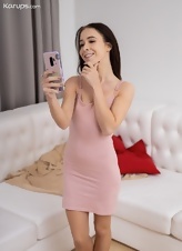 Sweet young mom takes pink dress off in selfie-nude photos