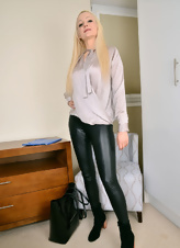 Pretty blonde mom in latex pants is in the mood to strip naked