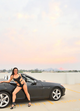 Brunette mom dreams about rough sex while posing near the car