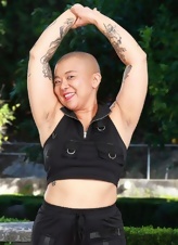 Bald alt Asian mom shows off her hairy peach in outdoor pics