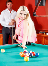 Billiard lover with boobs hanging down fucks a guy who has been licking her pussy