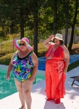 Lesbian Poolside Pink Suit Pussy Pics