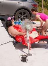 Lesbian Poolside Pink Suit Pussy Pics