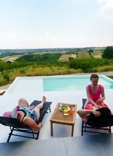 Lesbian Poolside Pink Suit Pussy Pics